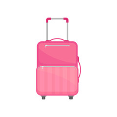 Flat vector icon of bright pink female suitcase on wheels. Cloth travel bag with metal handle and zippered pockets