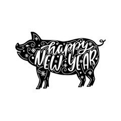 Happy New Year text. 2019 Chinese Year of the Pig. Hand drawn typography design. 