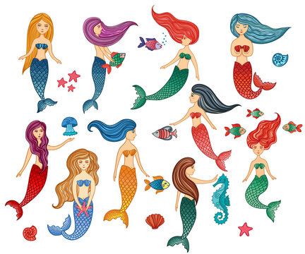 Set of hand drawn cute little mermaid girls, starfish, seahorse, jellyfish, fishes, shells.