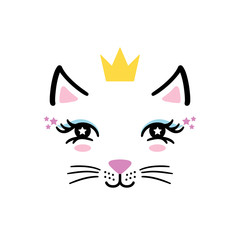 Hand drawn cute little kitty girl face with crown. 