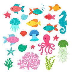 Set of hand drawn cute sea animals: starfish, seahorse, jellyfishes, fishes, shells, coral, algae, octopus. 