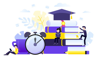 Education, online education, study, passing exams, graduation concept. People study and getting a diploma. Vector illustration with tiny characters for web site, landing page, banner, infographic.