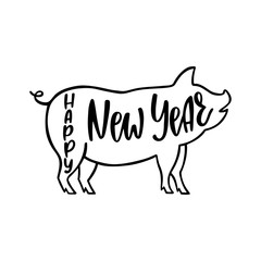Happy New Year text. 2019 Chinese Year of the Pig. Hand drawn typography design. 