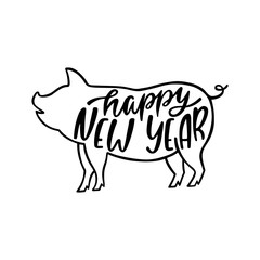Happy New Year text. 2019 Chinese Year of the Pig. Hand drawn typography design. 