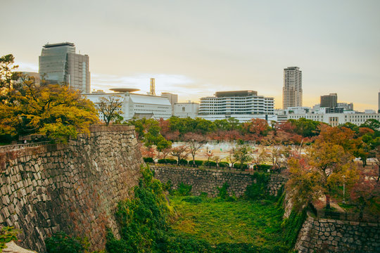 Osaka, Japan-November 20, 2018: Cityscape view around castle park,one of the most famous landmark&nbsp;in Osaka, Japan.