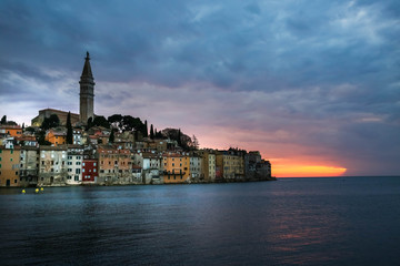 Fototapeta premium Bright sunset in spectacular romantic old town of Rovinj, Istrian Peninsula, Croatia, Europe
