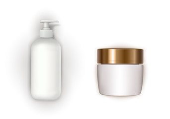 Cosmetic package realistic vector set. White jar with golden lid, white bottle with dispenser and reflection isolated on white background. Brand containers for organic cosmetics, natural product