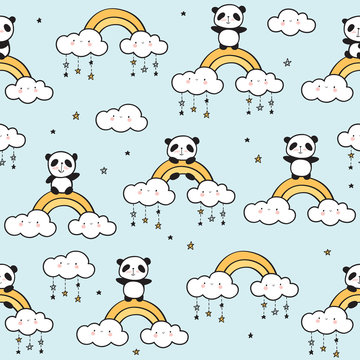 Seamless pattern with cute pandas, gold rainbows, funny clouds and stars for children's textiles, wallpapers, gift wraps and scrapbook. Vector.