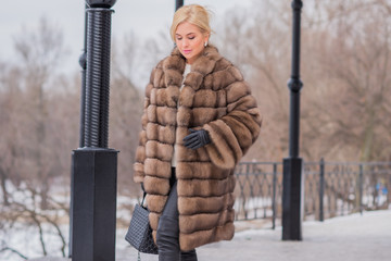 Nice elegant lady in fur coat at nature, autumn - winter season time, woman with attractive...