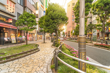 Sunshine Street at the east exit of Ikebukuro in Tokyo.The sidewalk curves emphasized by the blocks...