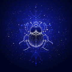Vector illustration with hand drawn scarab and Sacred geometric symbol against the starry sky. Abstract mystic sign. Linear shape.