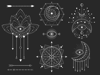 Vector set of Sacred geometric and natural symbols on black background. Abstract mystic signs collection. White linear shapes. For you design or modern magic craft.