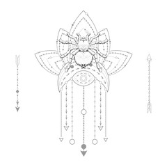 Vector illustration with hand drawn spider and Sacred geometric symbol on white background. Abstract mystic sign. Black linear shape. For you design, tattoo or magic craft.