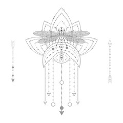 Vector illustration with hand drawn dragonfly and Sacred symbol on white background. Abstract mystic sign. Black linear shape. For you design, tattoo or magic craft.