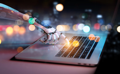 Robotic hand pressing a keyboard on a laptop 3D rendering