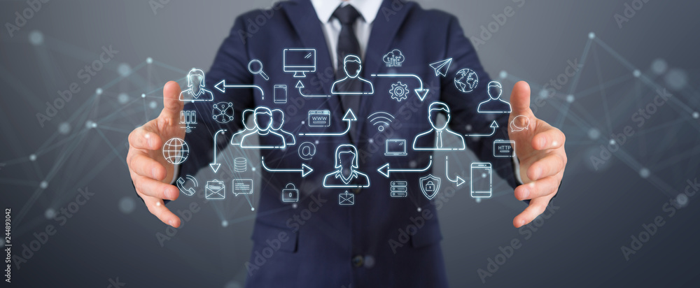 Poster businessman using thin line social network icons interface