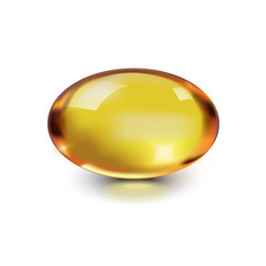 Oil capsule gold oval bubble isolated on white background. Cosmetic vitamin E, A, Omega 3. Antibiotic gel pill icon template for liver, fish. Vector realistic serum droplet of collagen essential.