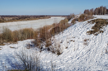 Floodplain of the river, covered with snow, high Bank, overgrown with trees, all covered with snow,...