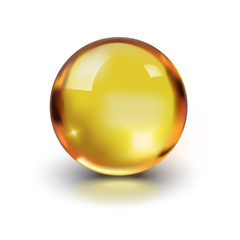 Oil gold glass ball isolated in vector on white background. Cosmetic pill capsule of vitamin E, A, Argan oil, Almond, cod liver, Omega 3, fish. Golden bubble template. Realistic 3d.