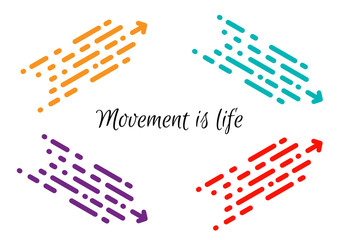 Movement is life. olored dotted arrows moving in different directions. Set arrow in a modern style. Dinamic line, red, yellow, blue isolated on white background.