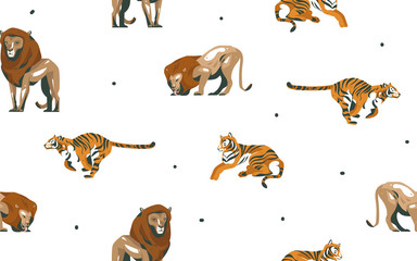 Hand drawn vector abstract modern graphic African Safari Nature ornamental illustrations art collage seamless pattern with tigers and lion animals isolated on white background