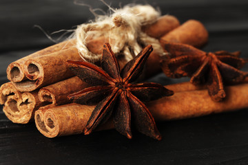 Cinnamon and anise closeup. Place for text. Top view.