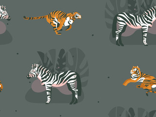 Hand drawn vector abstract modern graphic African Safari Nature ornamental illustrations art collage seamless pattern with zebra,tigers animals and tropical palm leaves isolated on green background