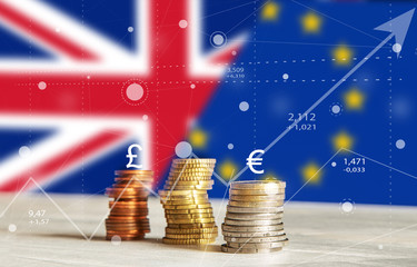 Abstract Brexit charts of graph with Coins, curreny, United Kingdom and European Union Flags...