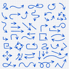 Blue arrows. Hand drawn with marker pen on lined paper background