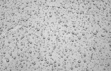 Water drops on car surface in black and white.