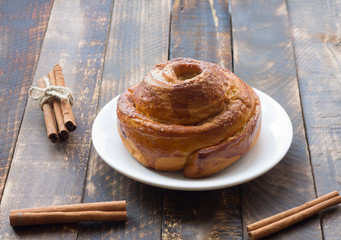 Cinnamon rolls on the table. horizontal top view