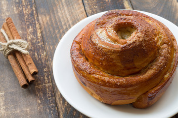 Cinnamon rolls on the table. horizontal top view