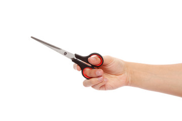 Scissors in hand on a white background. isolated.