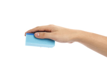 Detergent on a washcloth in hand isolated on white background