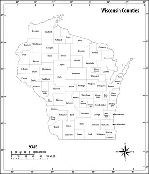 Wisconsin State Outline Administrative And Political Vector Map In Black And White