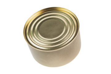 Closed metal can with canned food, fish, grain or meat isolated on white background without shadow
