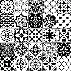 Papier peint Portugal carreaux de céramique Modèle vectoriel de carreaux Azulejo géométriques de Lisbonne, mosaïque de carreaux rétro portugais ou espagnols, design méditerranéen sans couture en noir et blanc