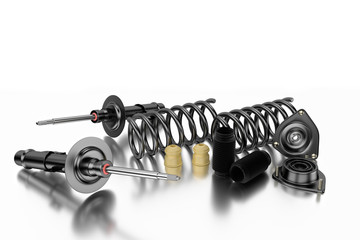 3D rendering. Passenger car Shock Absorber with dust cap, buffer mounting and strut mounting - new...
