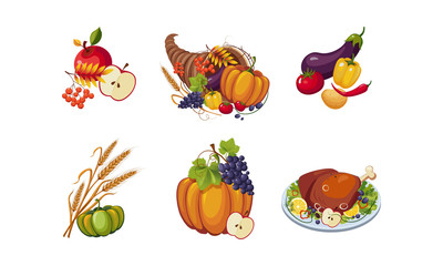 Autumn symbols, collection of Thanksgiving day holiday traditional elements vector Illustration