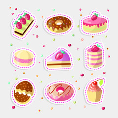 Set of cute cartoon sweet cakes and donuts, vector illustration. Colorful collection of cake icons with strawberry on top and donuts, pink glaze. Cute cartoon glazed cakes and sweets with chocolate