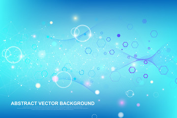 Abstract medical background DNA research, molecule, genetics, genome, DNA chain. Genetic analysis art concept with hexagons, lines, dots. Biotechnology network concept molecule, vector illustration