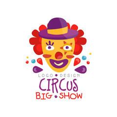 Circus big show logo design, carnival, festive, show label, badge, design element with funny clown can be used for flyear, poster, banner, invitation hand drawn vector Illustration