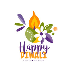 Happy Diwali colorful logo, Hindu festival label, poster, invitation, flyer, greeting card hand drawn vector Illustration