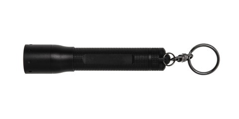 modern black metal flashlight isolated on white