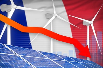 France solar and wind energy lowering chart, arrow down - green natural energy industrial illustration. 3D Illustration