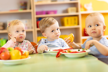 Nursery kids having meal in daycare or kindergarten