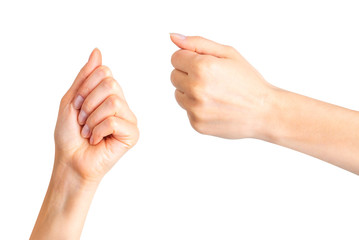 Set of woman clenched fist. Concept of unity, fight or cooperation