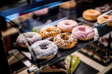 doughnuts on display. Donuts of different tastes
