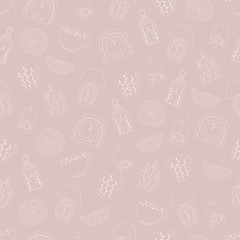 Vector seamless pattern  with hand drawn illustrations cozy home things: candles, clock, lamp, tea and lemon