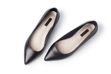 Pair of female black flat shoes on white background